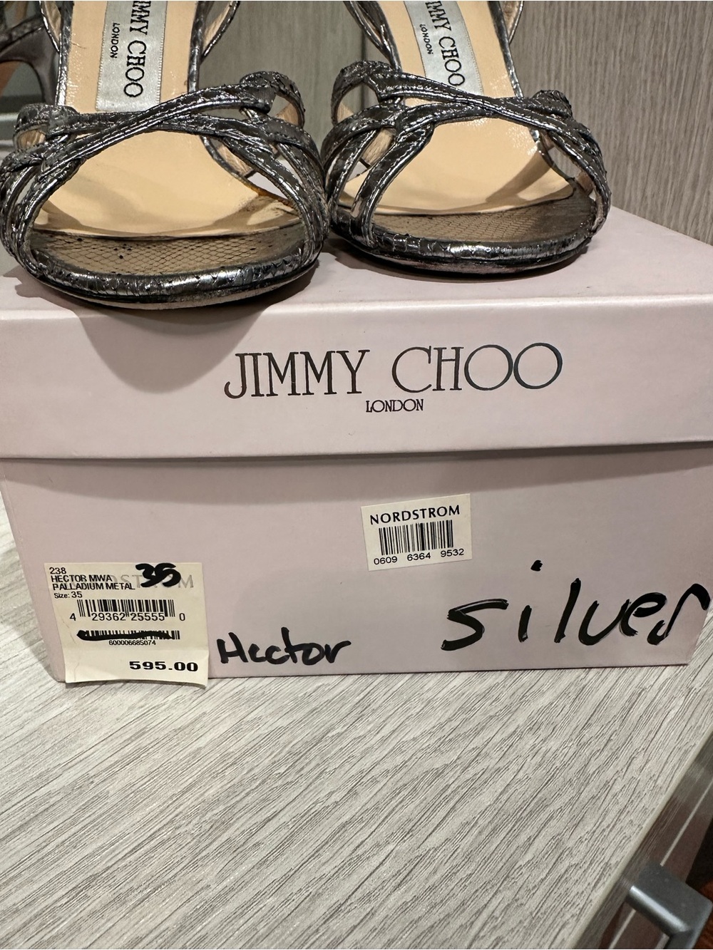 Jimmy Choo Silver Snakeskin Strappy Heels - Picture 2 of 6